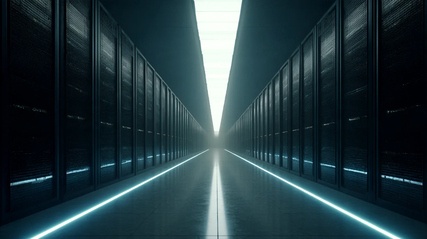A data hall of black glass server monoliths receding to a single slit of white light