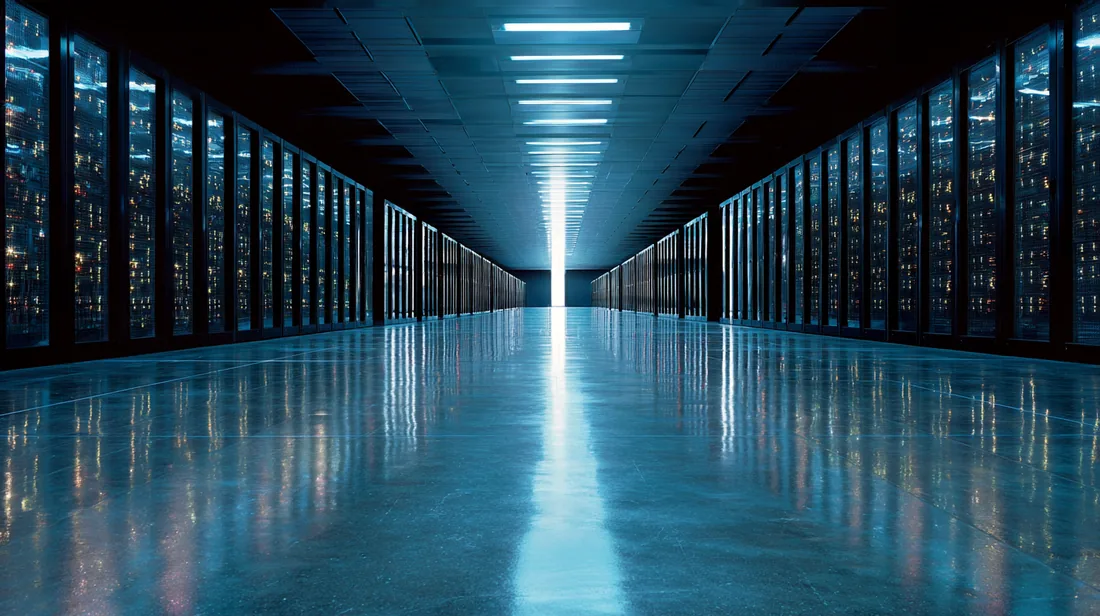 A data hall of black glass server monoliths receding to a single slit of white light